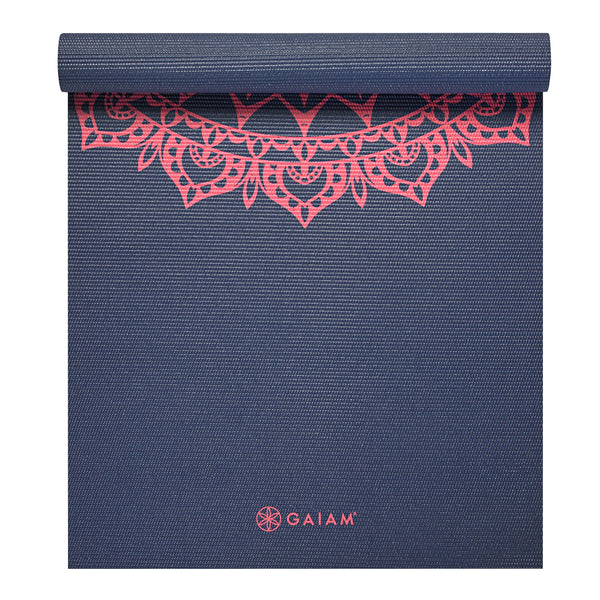 Gaiam Navy Fleur Marrakesh Yoga Mat (4mm) top rolled